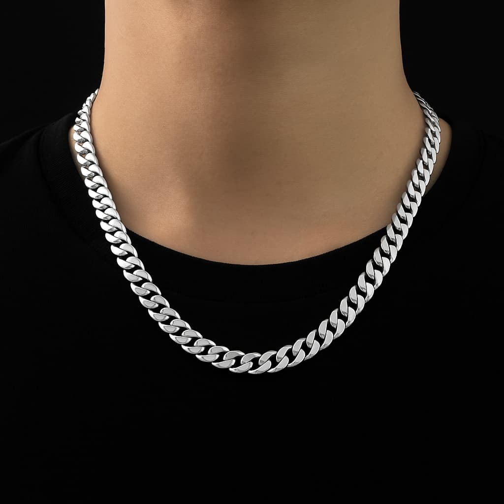 Cadena Cubana Plateada de acero de Titanio de 9 mm
