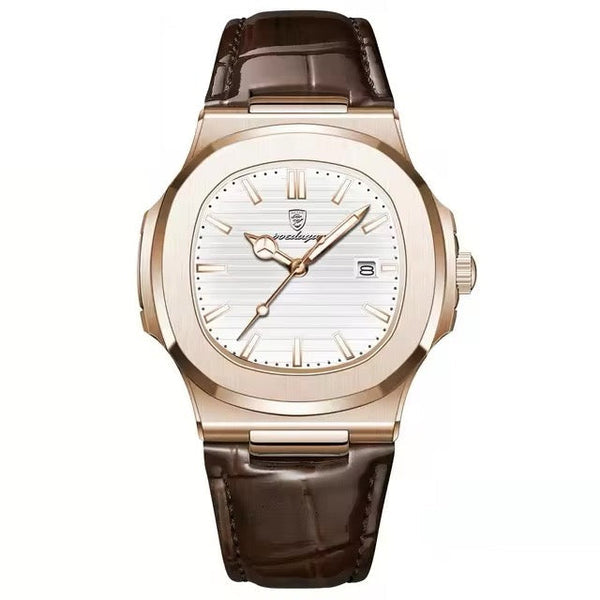 Poedagar Rose Gold White Dial Brown Leather Strap