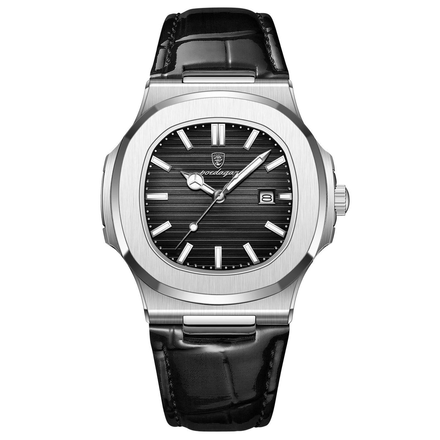 Poedagar Silver Black Dial Black Leather Strap
