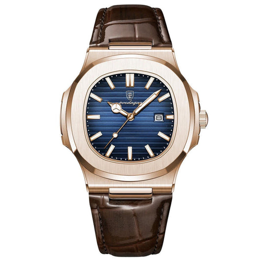 Poedagar Rose Gold Blue Dial Brown Leather Strap