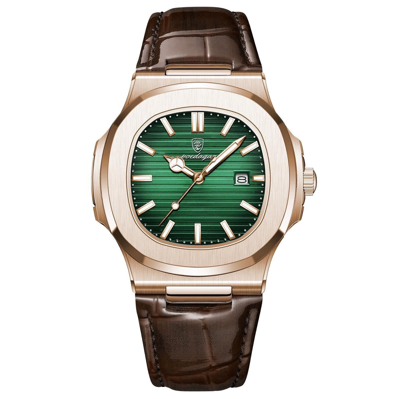 Poedagar Rose Gold Green Dial Brown Leather Strap