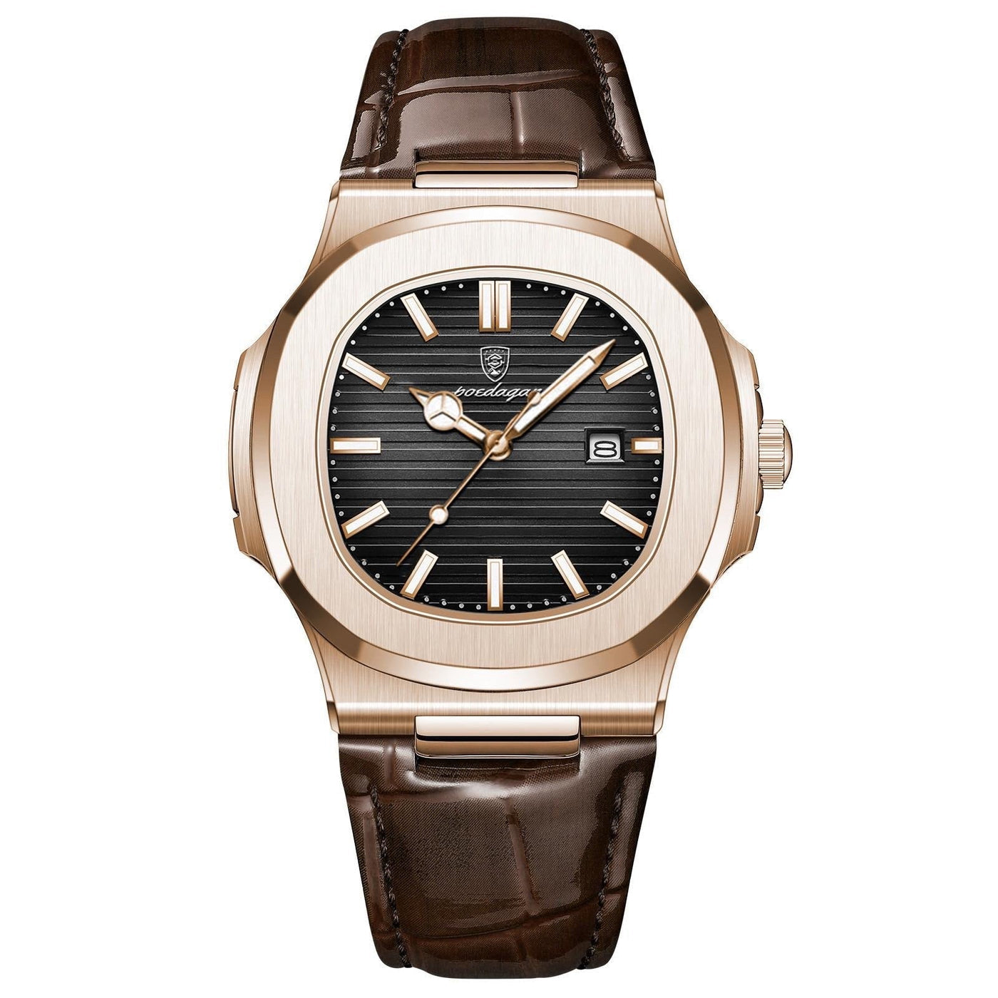 POEDAGAR Rose Gold Black Dial Brown Leather Strap