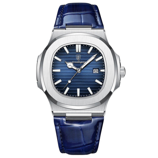 Poedagar Silver Blue Dial Blue Leather Strap
