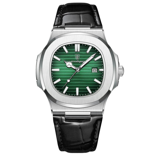 Poedagar Silver Green Dial Black Leather Strap